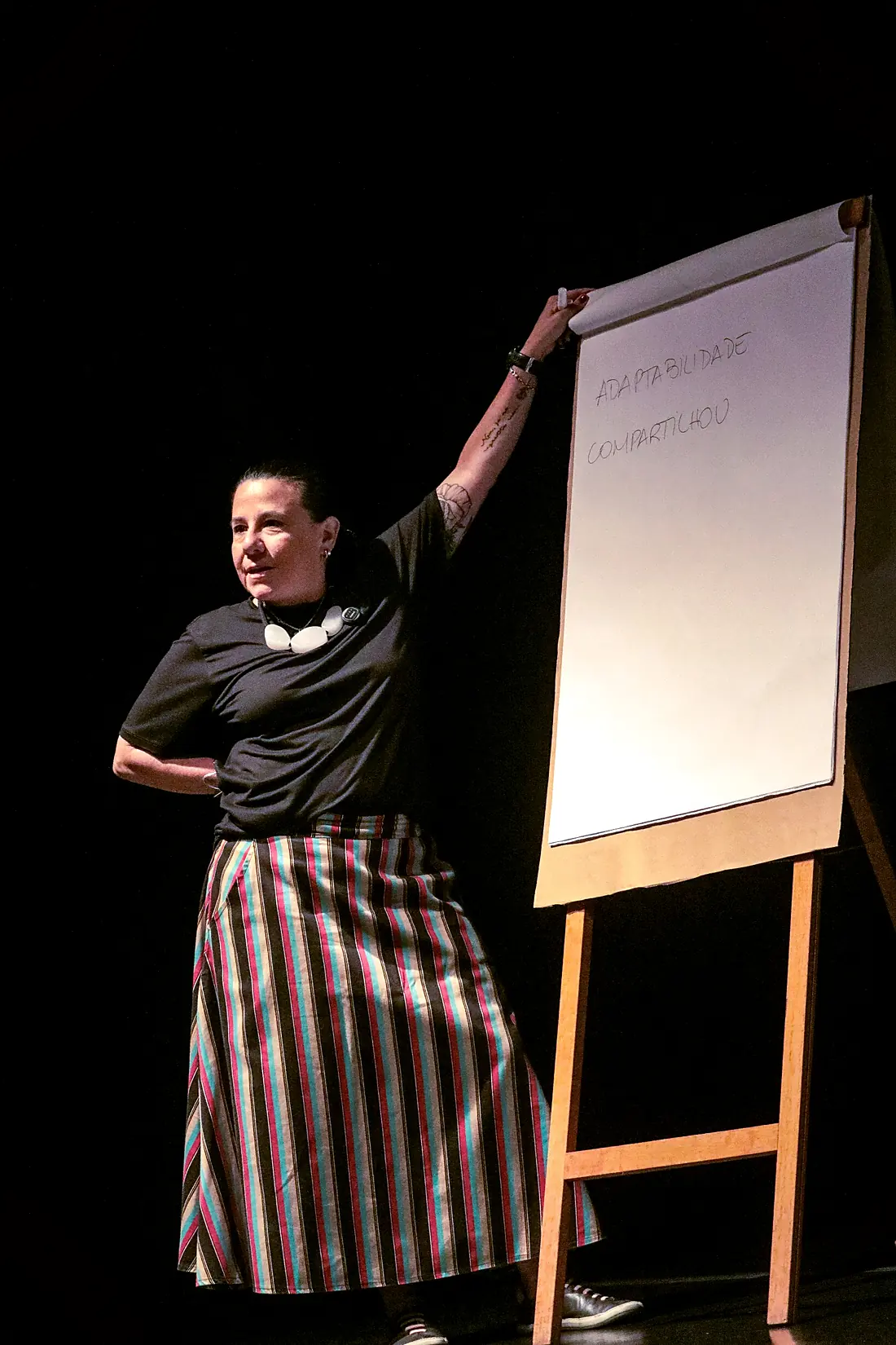 Ana Karine ao lado de flipchart durante palestra, apontando anotações